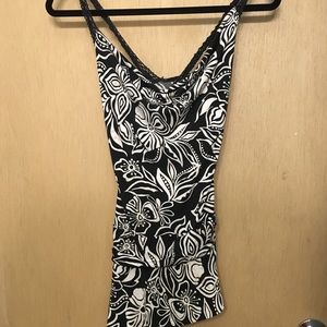 drape neck, lace x straps and ruffle